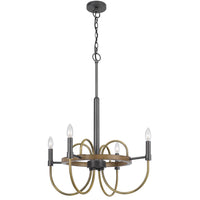 4 Light Candelabra Chandelier, Wood Base, Bronze and Gray Metal 24 Inch - BM351712