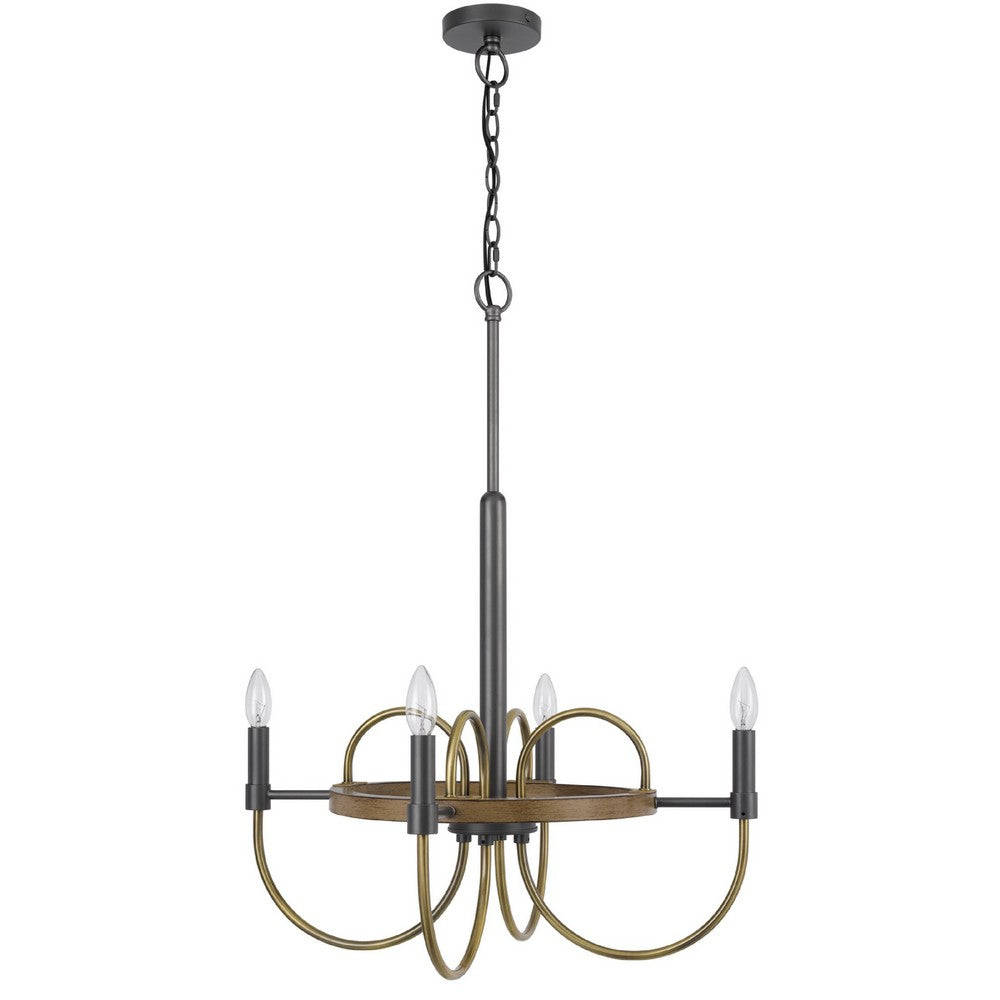 4 Light Candelabra Chandelier, Wood Base, Bronze and Gray Metal 24 Inch - BM351712