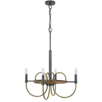 4 Light Candelabra Chandelier, Wood Base, Bronze and Gray Metal 24 Inch - BM351712