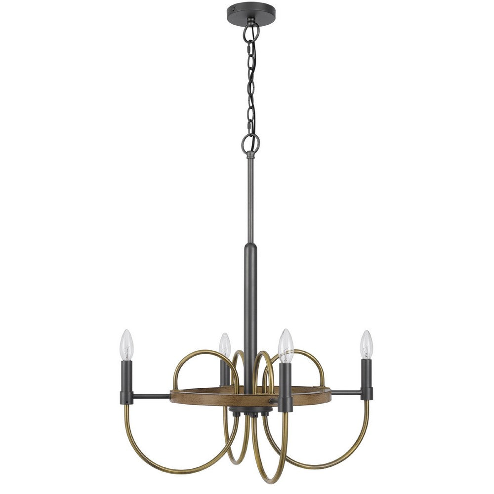 4 Light Candelabra Chandelier, Wood Base, Bronze and Gray Metal 24 Inch - BM351712