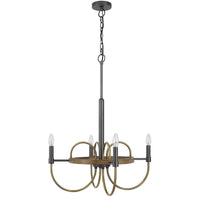 4 Light Candelabra Chandelier, Wood Base, Bronze and Gray Metal 24 Inch - BM351712