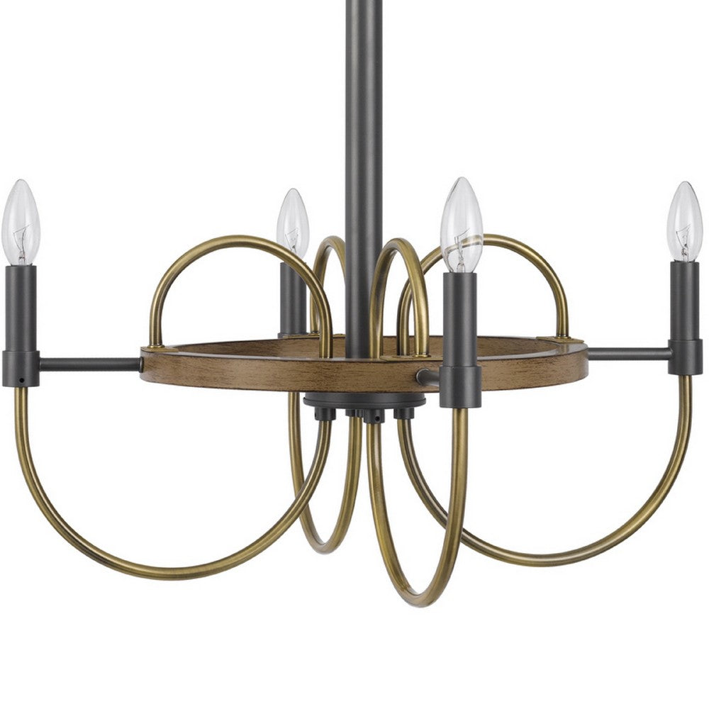 4 Light Candelabra Chandelier, Wood Base, Bronze and Gray Metal 24 Inch - BM351712