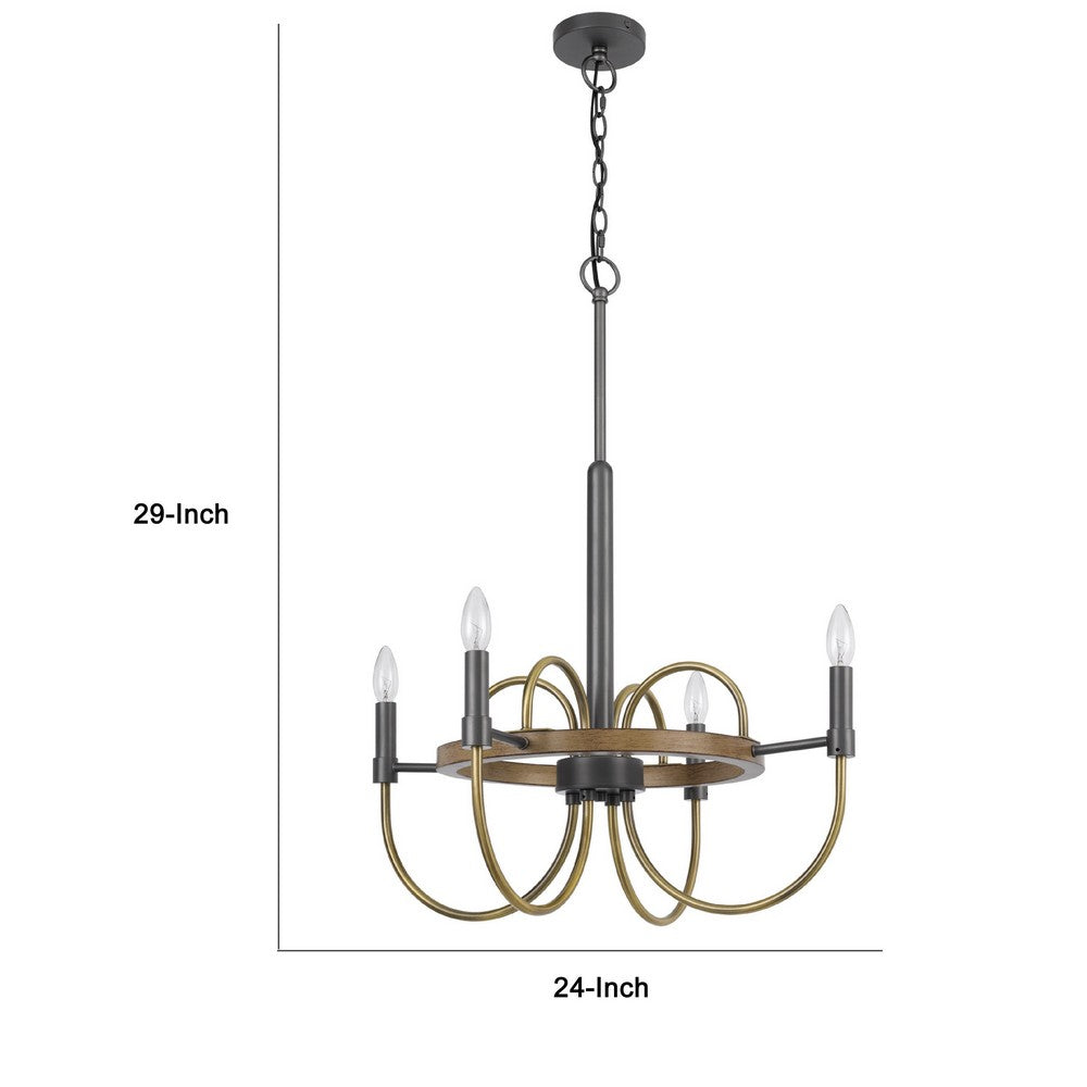 4 Light Candelabra Chandelier, Wood Base, Bronze and Gray Metal 24 Inch - BM351712