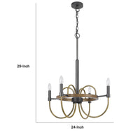 4 Light Candelabra Chandelier, Wood Base, Bronze and Gray Metal 24 Inch - BM351712