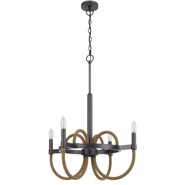4 Light Candelabra Chandelier, Burlap Accents, Charcoal Gray Metal 24 Inch - BM351713