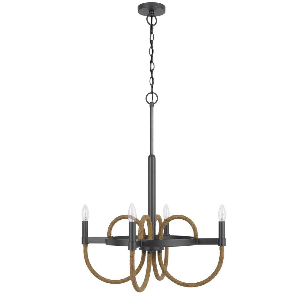 4 Light Candelabra Chandelier, Burlap Accents, Charcoal Gray Metal 24 Inch - BM351713