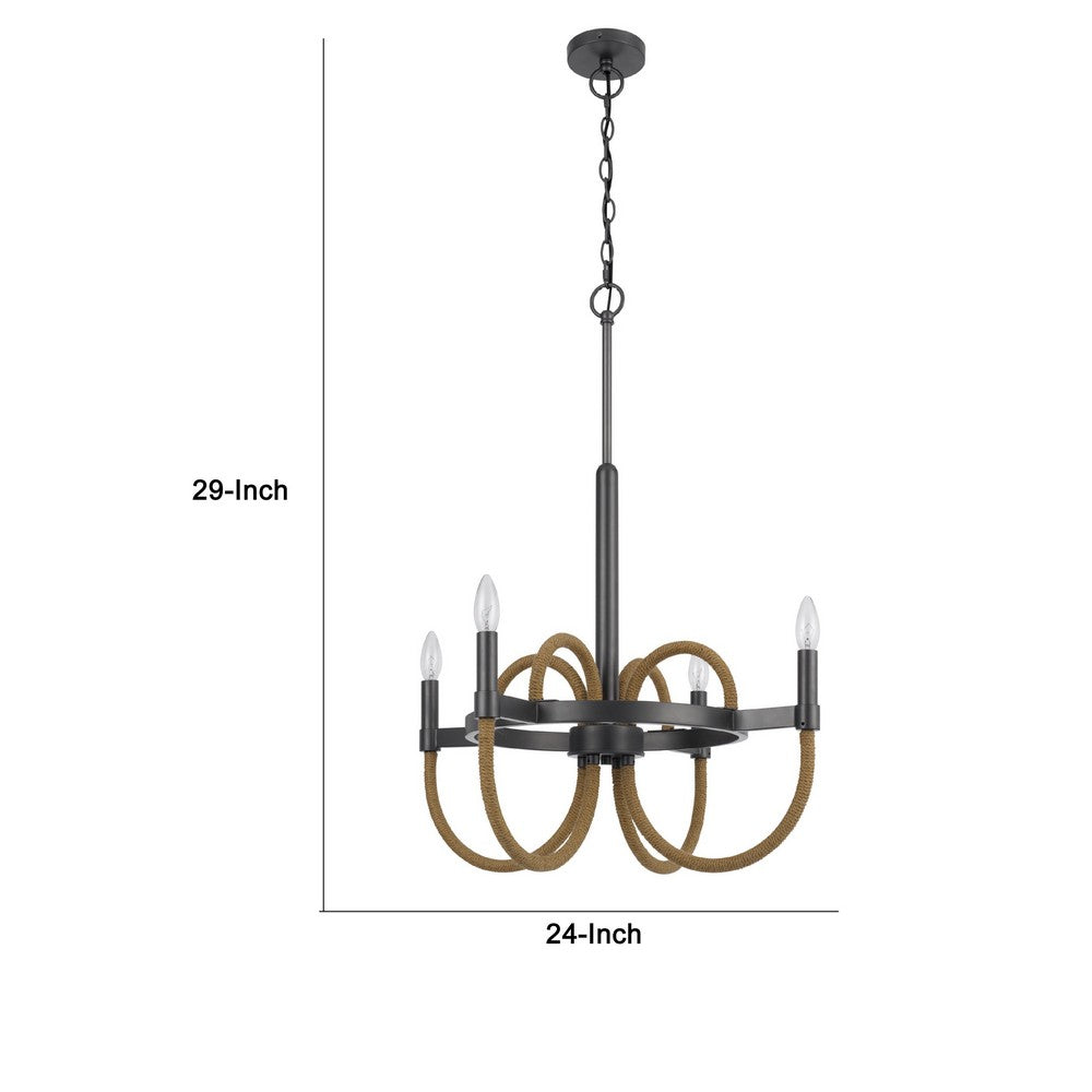 4 Light Candelabra Chandelier, Burlap Accents, Charcoal Gray Metal 24 Inch - BM351713