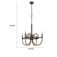 4 Light Candelabra Chandelier, Burlap Accents, Charcoal Gray Metal 24 Inch - BM351713