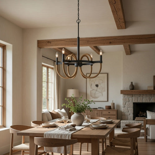 4 Light Candelabra Chandelier, Burlap Accents, Charcoal Gray Metal 24 Inch - BM351713
