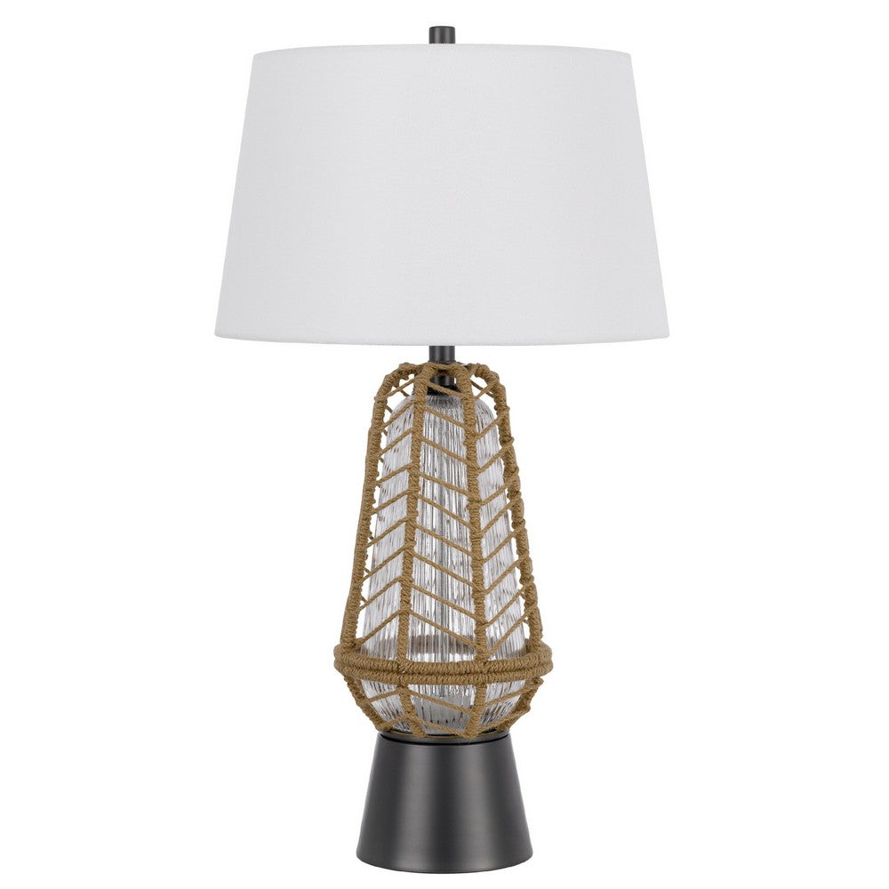 Lantern Table Lamp with Night Light, Burlap Wrapped Glass Body, Gray Metal - BM351716