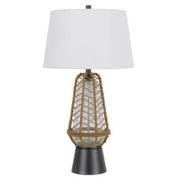 Lantern Table Lamp with Night Light, Burlap Wrapped Glass Body, Gray Metal - BM351716