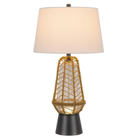 Lantern Table Lamp with Night Light, Burlap Wrapped Glass Body, Gray Metal - BM351716