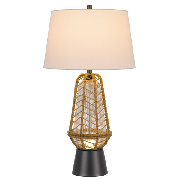 Lantern Table Lamp with Night Light, Burlap Wrapped Glass Body, Gray Metal - BM351716