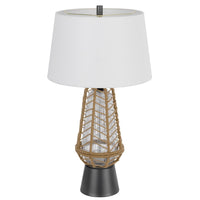 Lantern Table Lamp with Night Light, Burlap Wrapped Glass Body, Gray Metal - BM351716