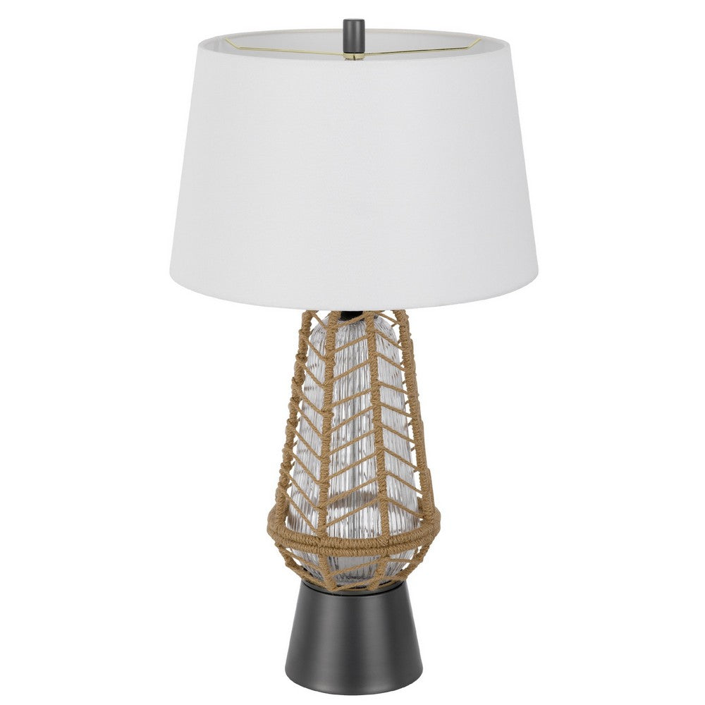 Lantern Table Lamp with Night Light, Burlap Wrapped Glass Body, Gray Metal - BM351716