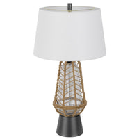 Lantern Table Lamp with Night Light, Burlap Wrapped Glass Body, Gray Metal - BM351716
