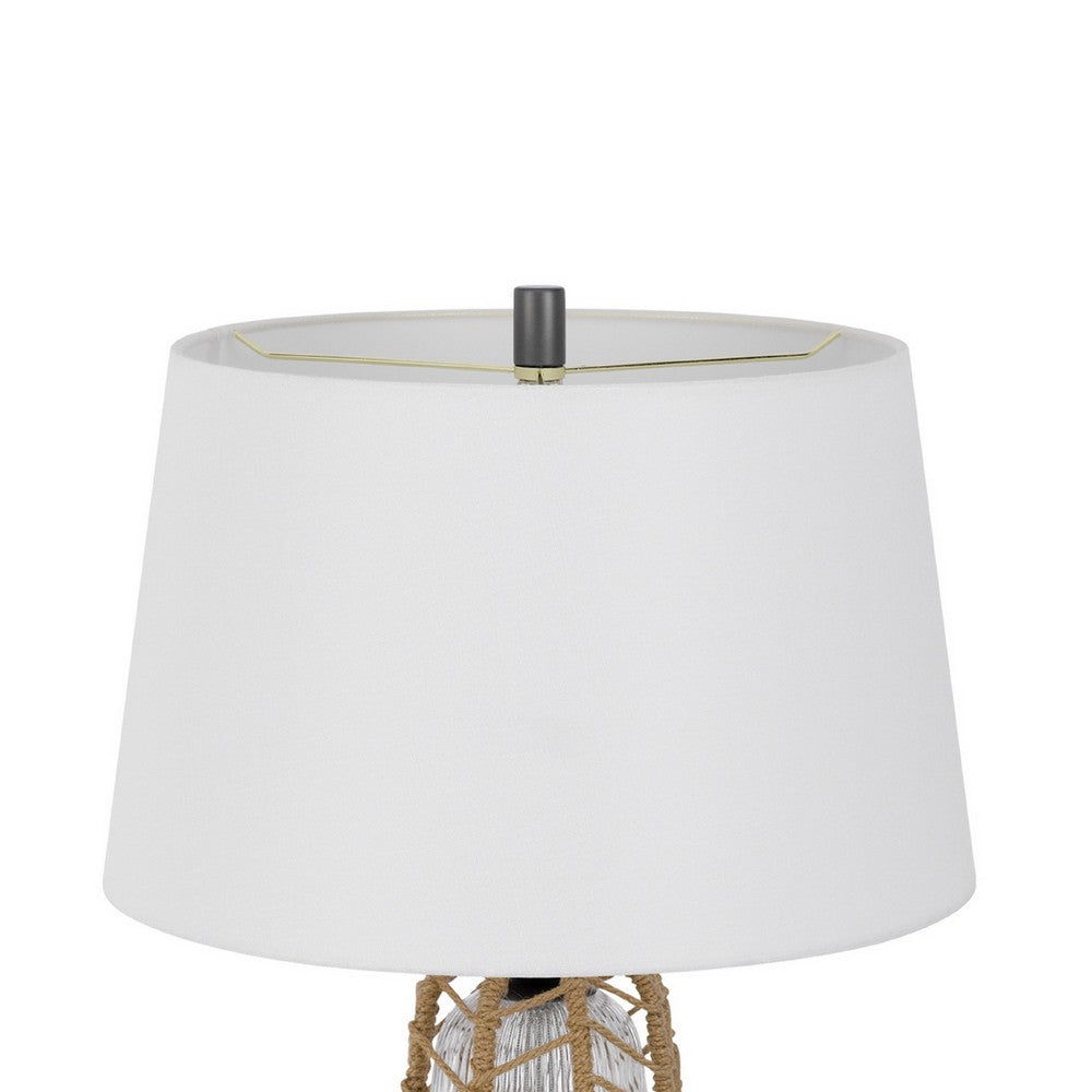 Lantern Table Lamp with Night Light, Burlap Wrapped Glass Body, Gray Metal - BM351716