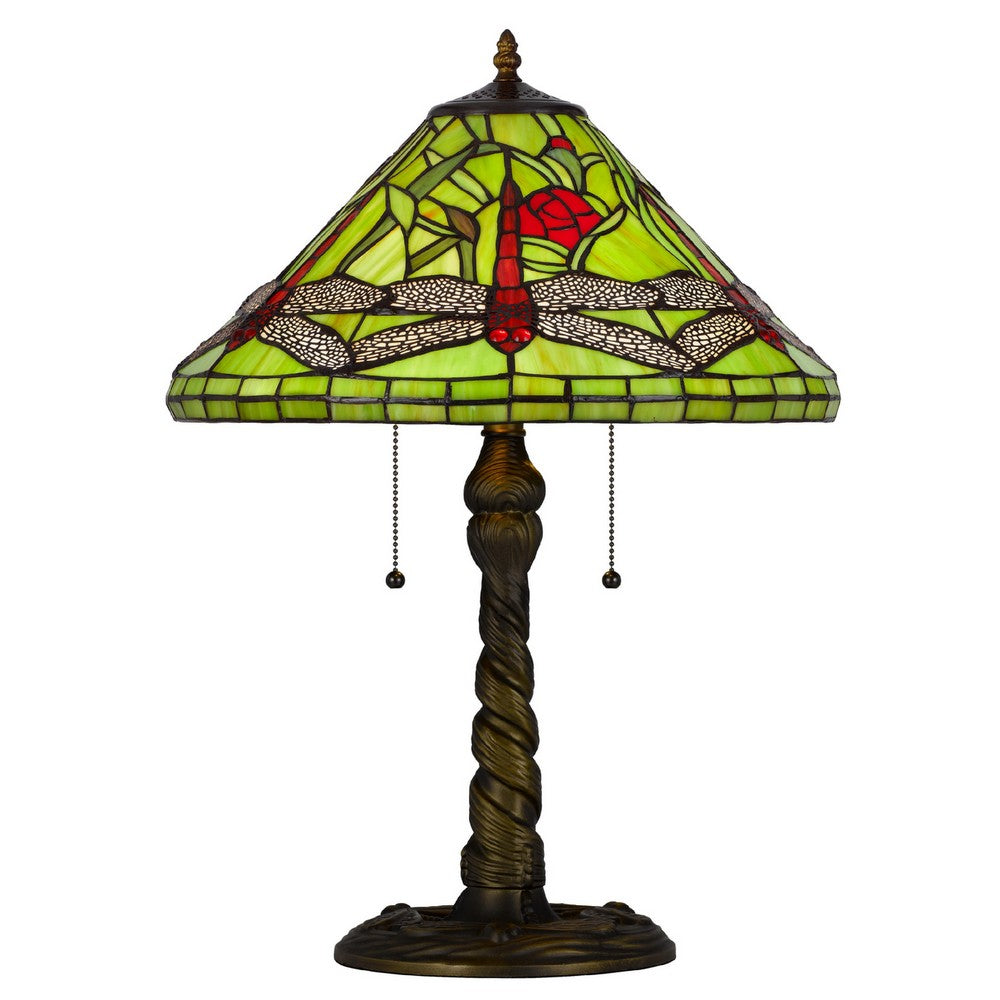 Eli Table Lamp with Tiffany Glass Shade Painted Green Dragonfly, Brass - BM351719