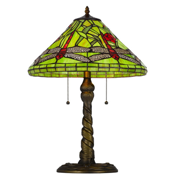 Eli Table Lamp with Tiffany Glass Shade Painted Green Dragonfly, Brass - BM351719