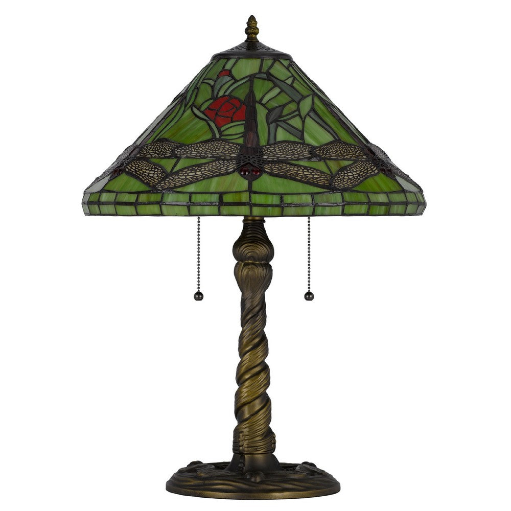 Eli Table Lamp with Tiffany Glass Shade Painted Green Dragonfly, Brass - BM351719
