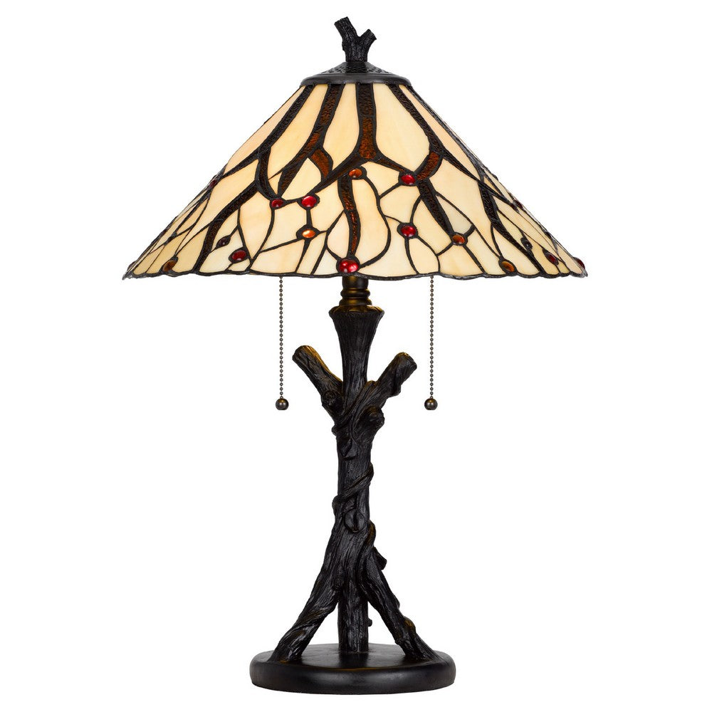Eli Tiffany Glass Table Lamp, Hand Painted Leaf and Wine Shade, Bronze - BM351720