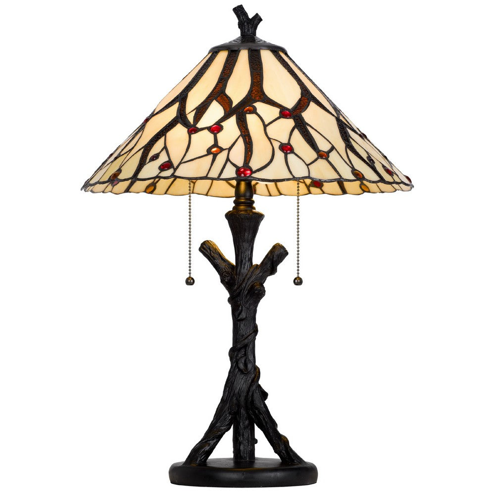 Eli Tiffany Glass Table Lamp, Hand Painted Leaf and Wine Shade, Bronze - BM351720