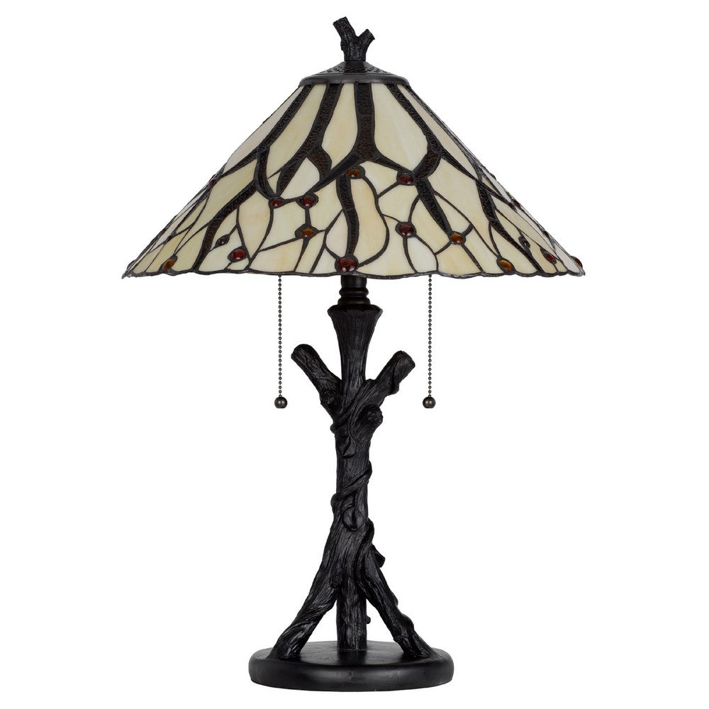 Eli Tiffany Glass Table Lamp, Hand Painted Leaf and Wine Shade, Bronze - BM351720
