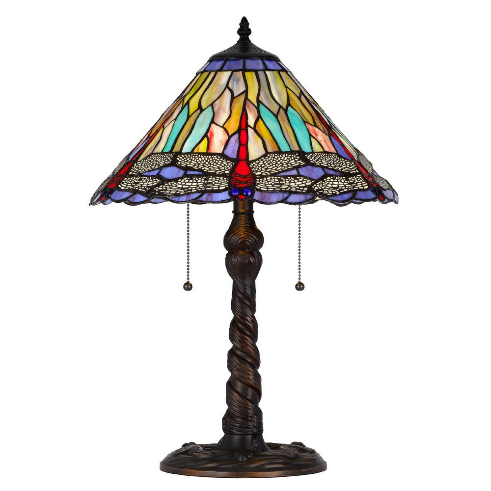 Eli Table Lamp, Tiffany Glass Shade, Blue Red Dragonfly Design, Bronze, 23In - BM351723