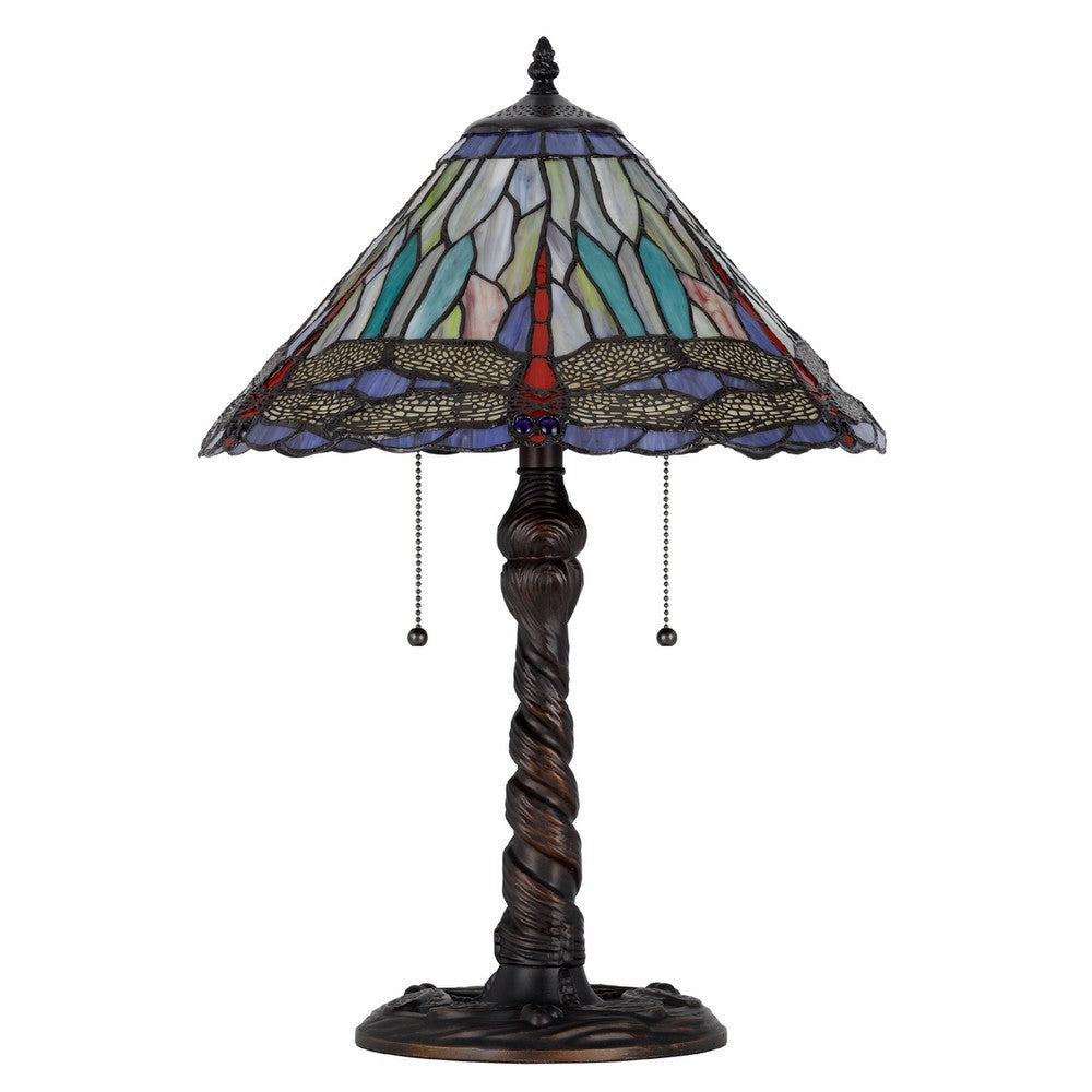 Eli Table Lamp, Tiffany Glass Shade, Blue Red Dragonfly Design, Bronze, 23In - BM351723