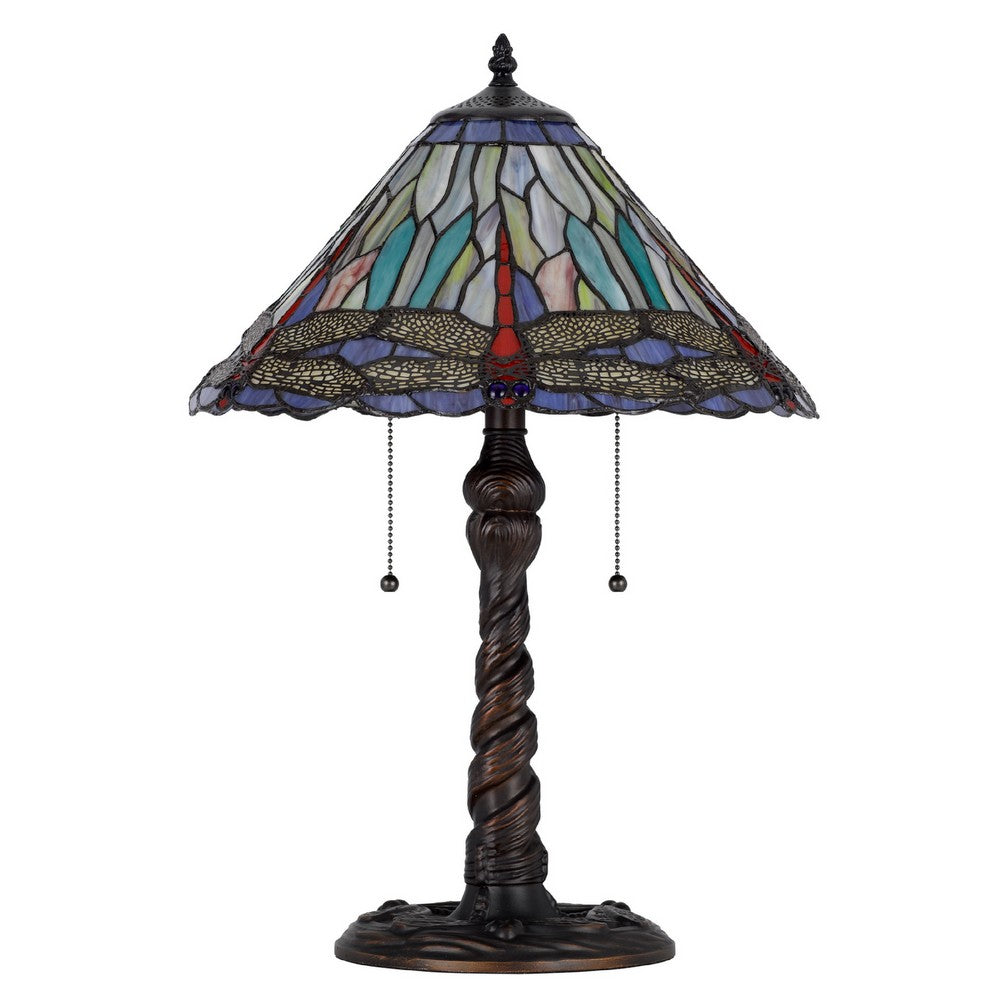Eli Table Lamp, Tiffany Glass Shade, Blue Red Dragonfly Design, Bronze, 23In - BM351723
