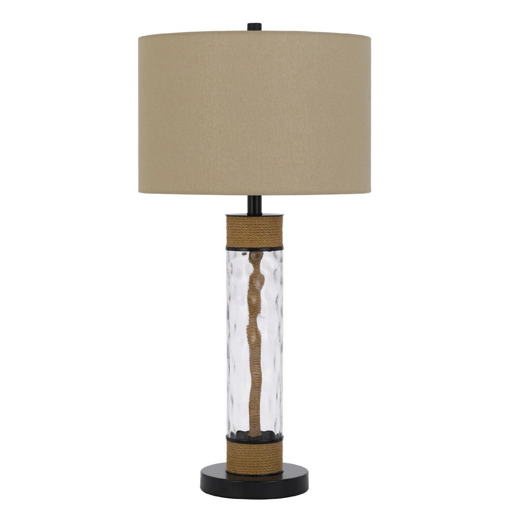 32 Inch Table Lamp, Rippled Glass Body with Rope, Burlap Shade, Metal Base - BM351725