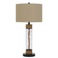 32 Inch Table Lamp, Rippled Glass Body with Rope, Burlap Shade, Metal Base - BM351725