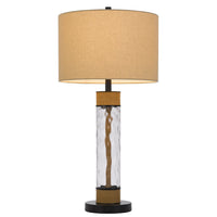 32 Inch Table Lamp, Rippled Glass Body with Rope, Burlap Shade, Metal Base - BM351725