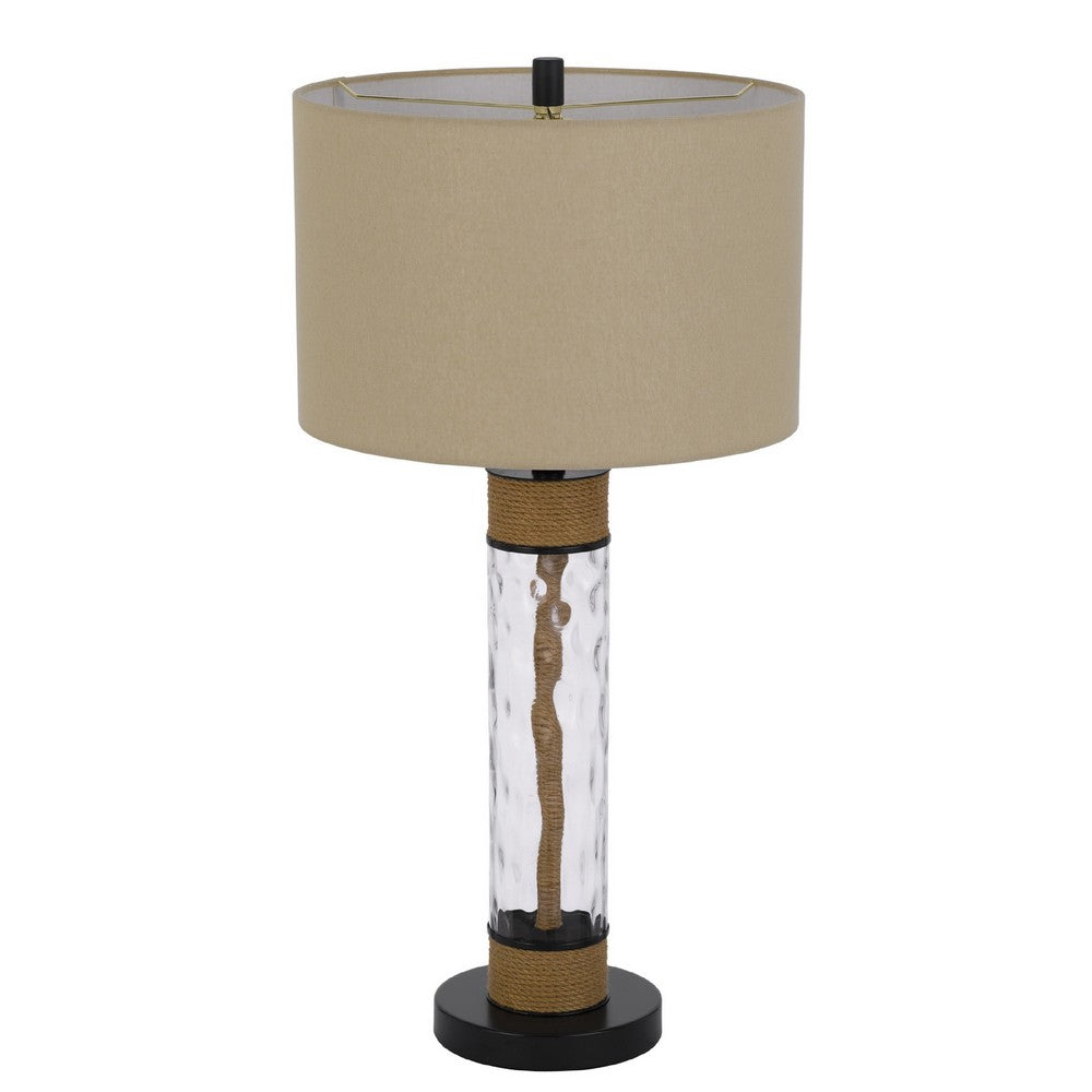 32 Inch Table Lamp, Rippled Glass Body with Rope, Burlap Shade, Metal Base - BM351725