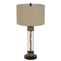 32 Inch Table Lamp, Rippled Glass Body with Rope, Burlap Shade, Metal Base - BM351725