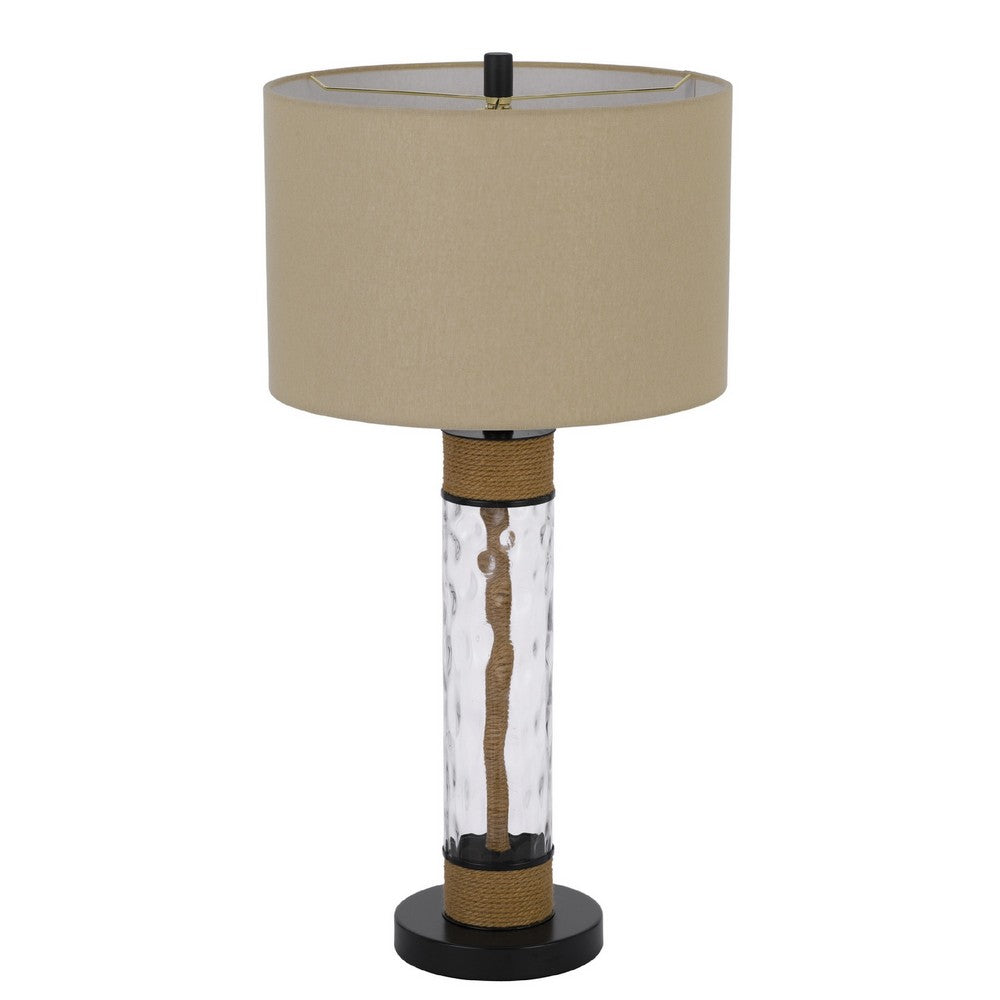 32 Inch Table Lamp, Rippled Glass Body with Rope, Burlap Shade, Metal Base - BM351725