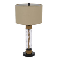 32 Inch Table Lamp, Rippled Glass Body with Rope, Burlap Shade, Metal Base - BM351725