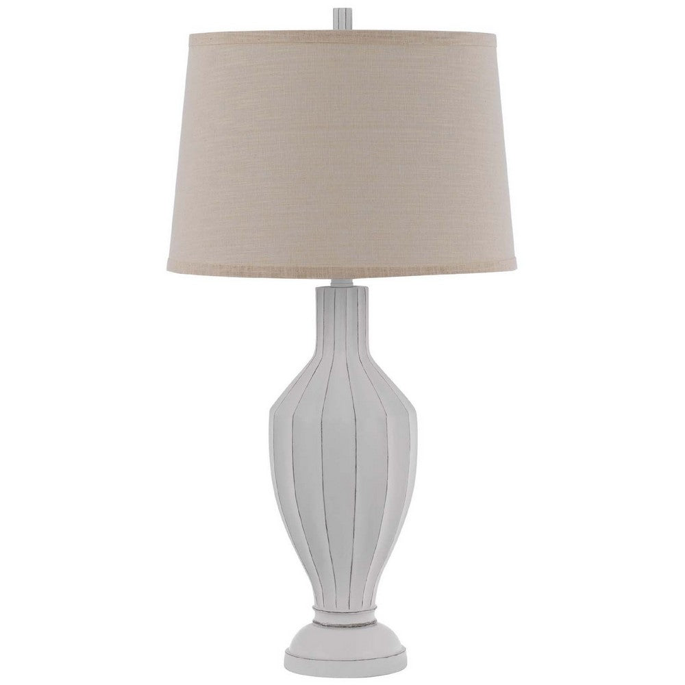 31 Inch Table Lamp, Faceted Urn Body, Brown Fabric Shade, Weathered White  - BM351726