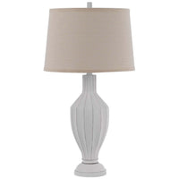 31 Inch Table Lamp, Faceted Urn Body, Brown Fabric Shade, Weathered White  - BM351726