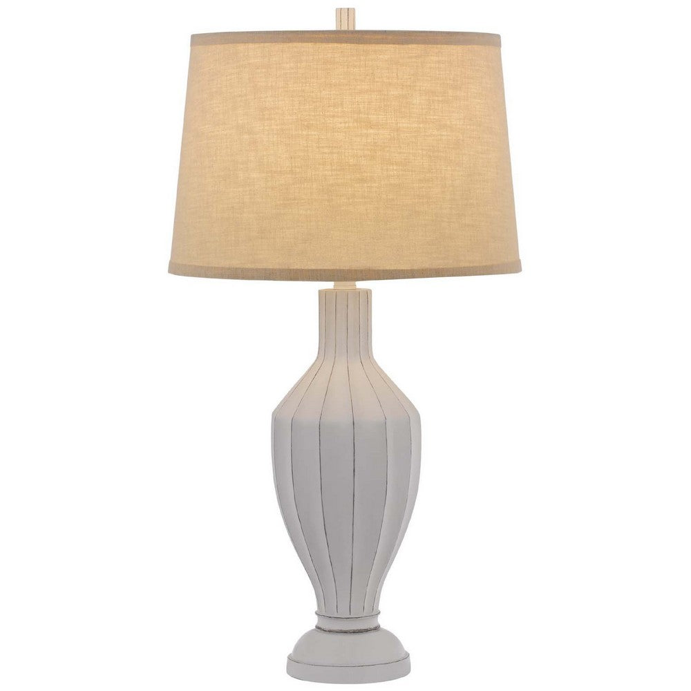 31 Inch Table Lamp, Faceted Urn Body, Brown Fabric Shade, Weathered White  - BM351726