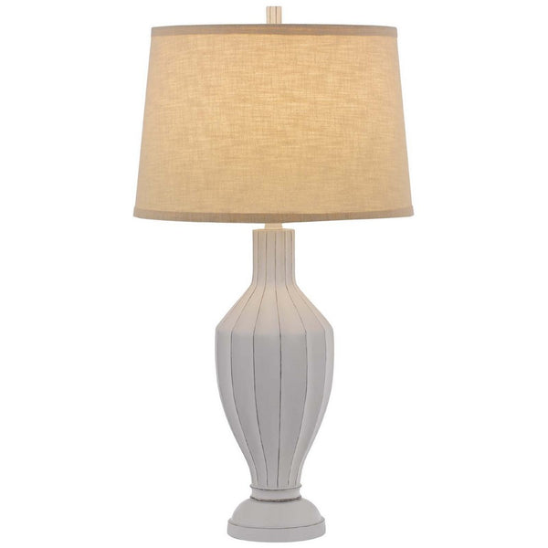 31 Inch Table Lamp, Faceted Urn Body, Brown Fabric Shade, Weathered White  - BM351726