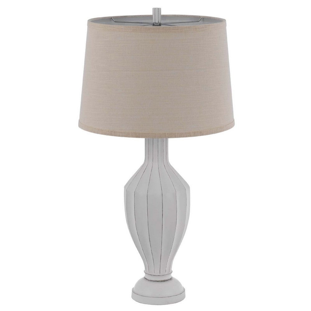 31 Inch Table Lamp, Faceted Urn Body, Brown Fabric Shade, Weathered White  - BM351726