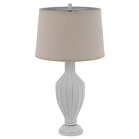 31 Inch Table Lamp, Faceted Urn Body, Brown Fabric Shade, Weathered White  - BM351726