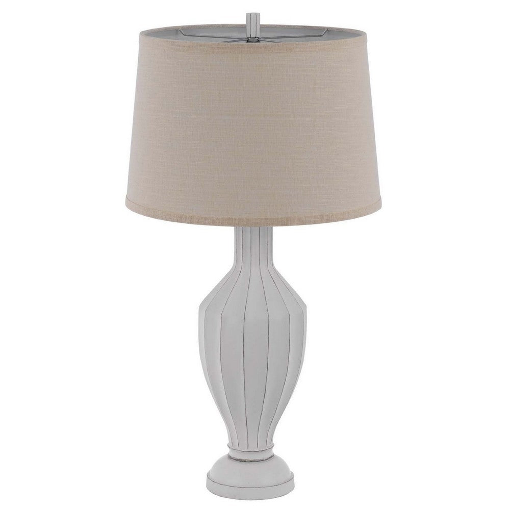 31 Inch Table Lamp, Faceted Urn Body, Brown Fabric Shade, Weathered White  - BM351726