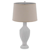 31 Inch Table Lamp, Faceted Urn Body, Brown Fabric Shade, Weathered White  - BM351726