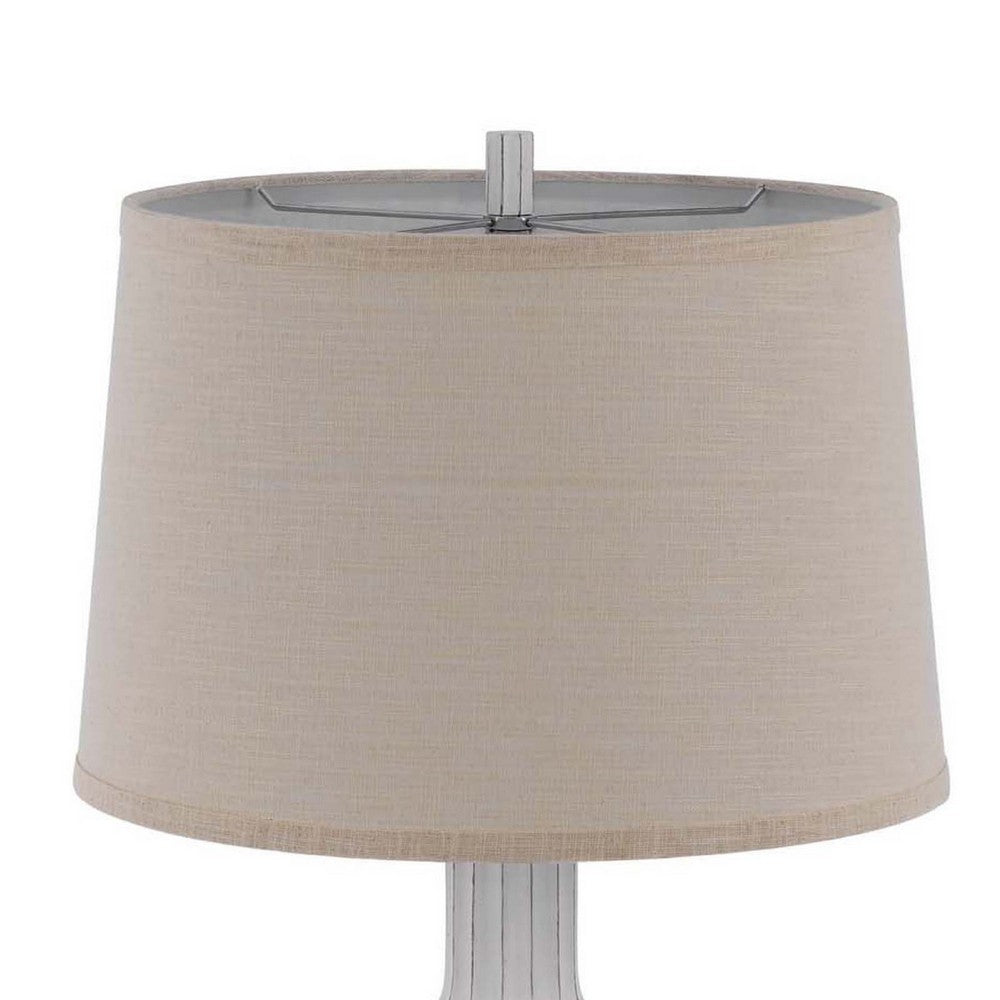 31 Inch Table Lamp, Faceted Urn Body, Brown Fabric Shade, Weathered White  - BM351726