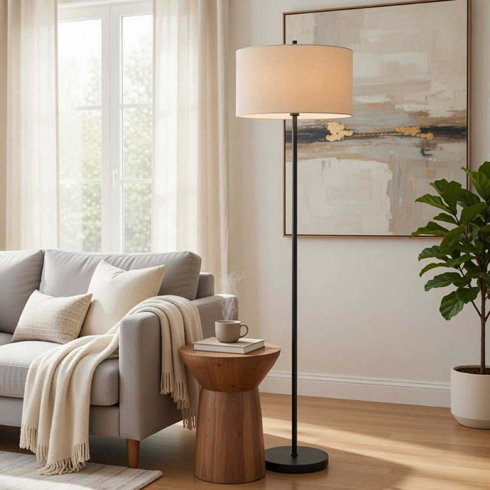 Avira 61 Inch Floor Lamp, Speckled Hardback Kraft Paper Shade, Black Metal - BM351728