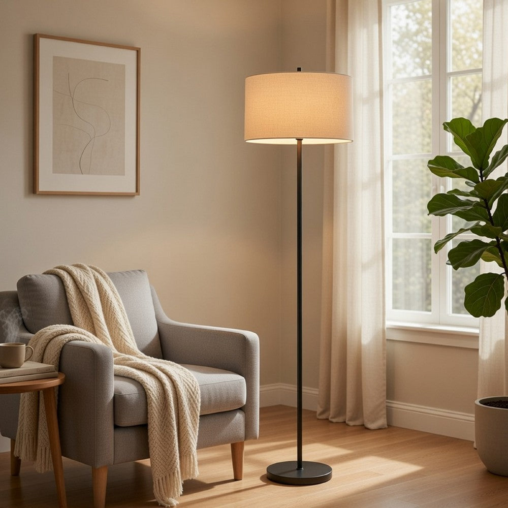 Avira 61 Inch Floor Lamp, Speckled Hardback Kraft Paper Shade, Black Metal - BM351728
