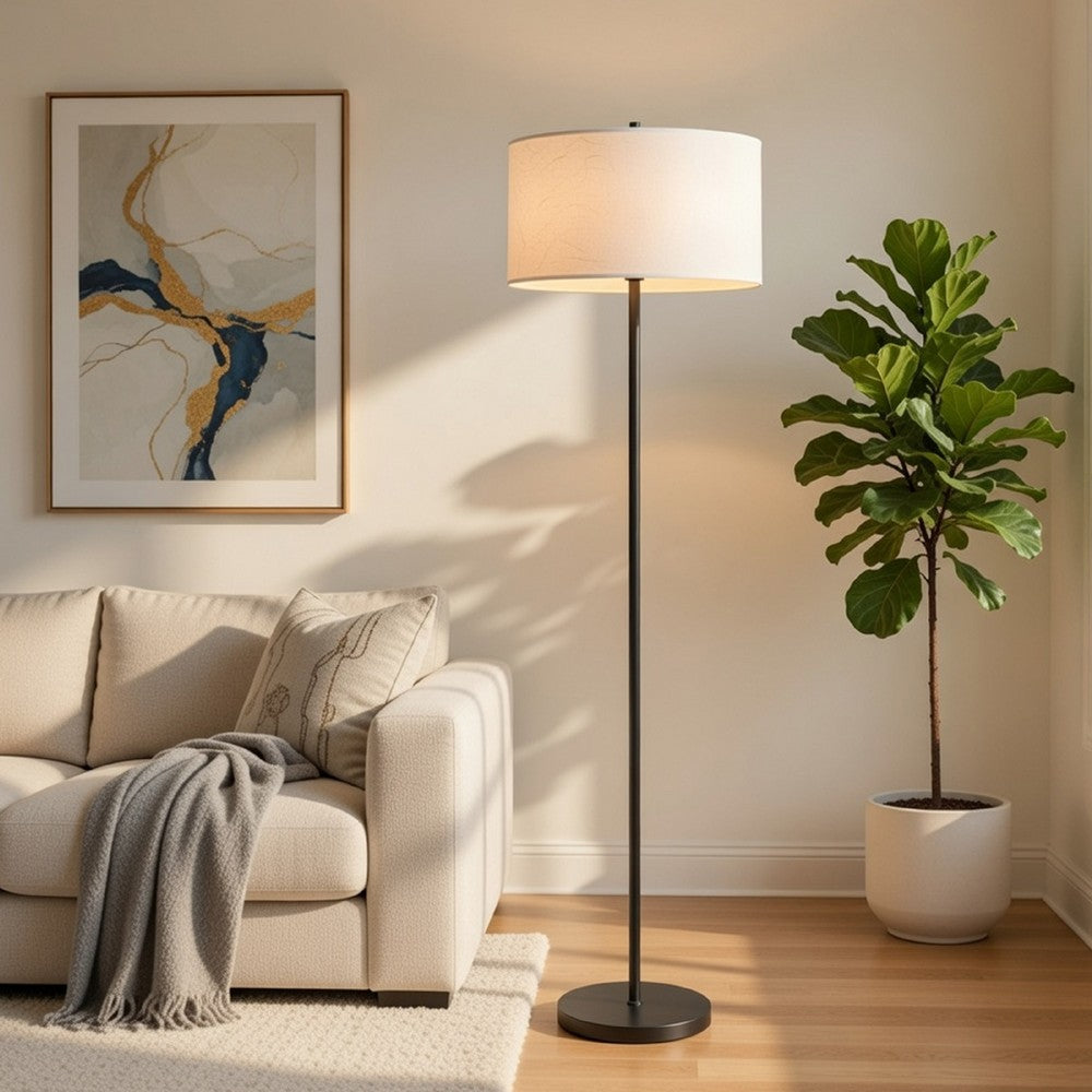 Avira 61 Inch Floor Lamp, String Pattern White Fabric Shade, Black Metal - BM351729
