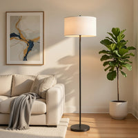 Avira 61 Inch Floor Lamp, String Pattern White Fabric Shade, Black Metal - BM351729
